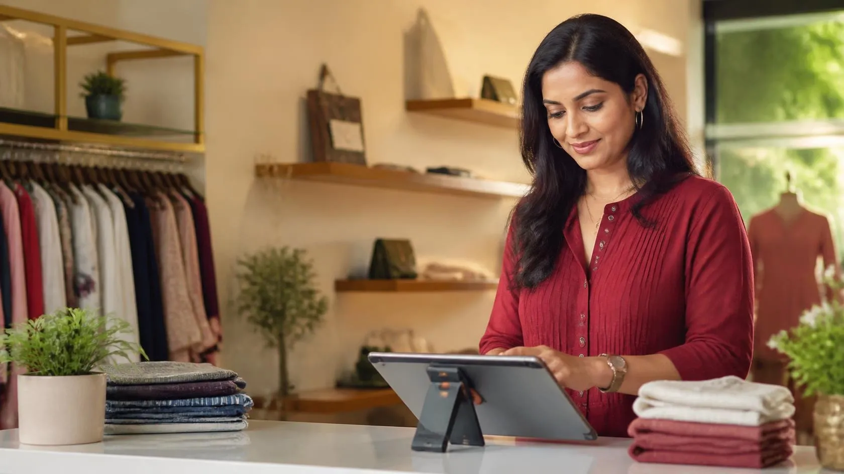 Modern retail store merchant at digital point of sale checkout counter